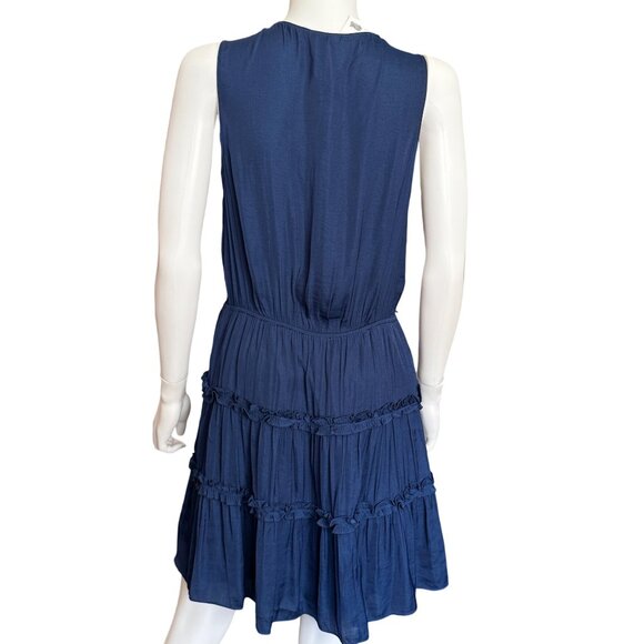 Naked Zebra Navy Sleeveless V-Neck Tiered Ruffled Dress Medium Polyester Blend - Picture 2 of 4